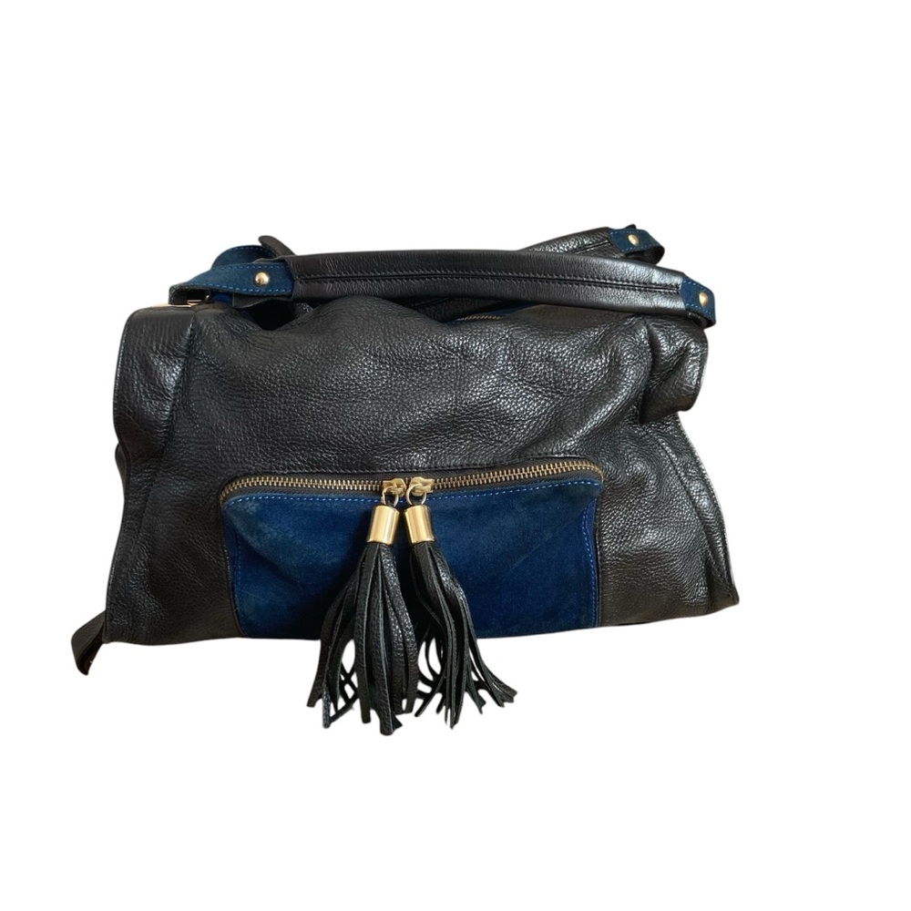 SANDRO | Black Pebbled Leather & Blue Suede Adel Satchel Bag OOS